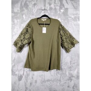 Grace + Emma Womens Olive Green Waffle Knit Crochet Lace Sleeve Top 2XL NEW